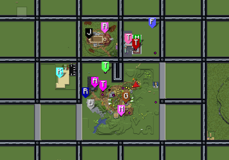 Citybuild spawn from above, plot roads and colored waypoints